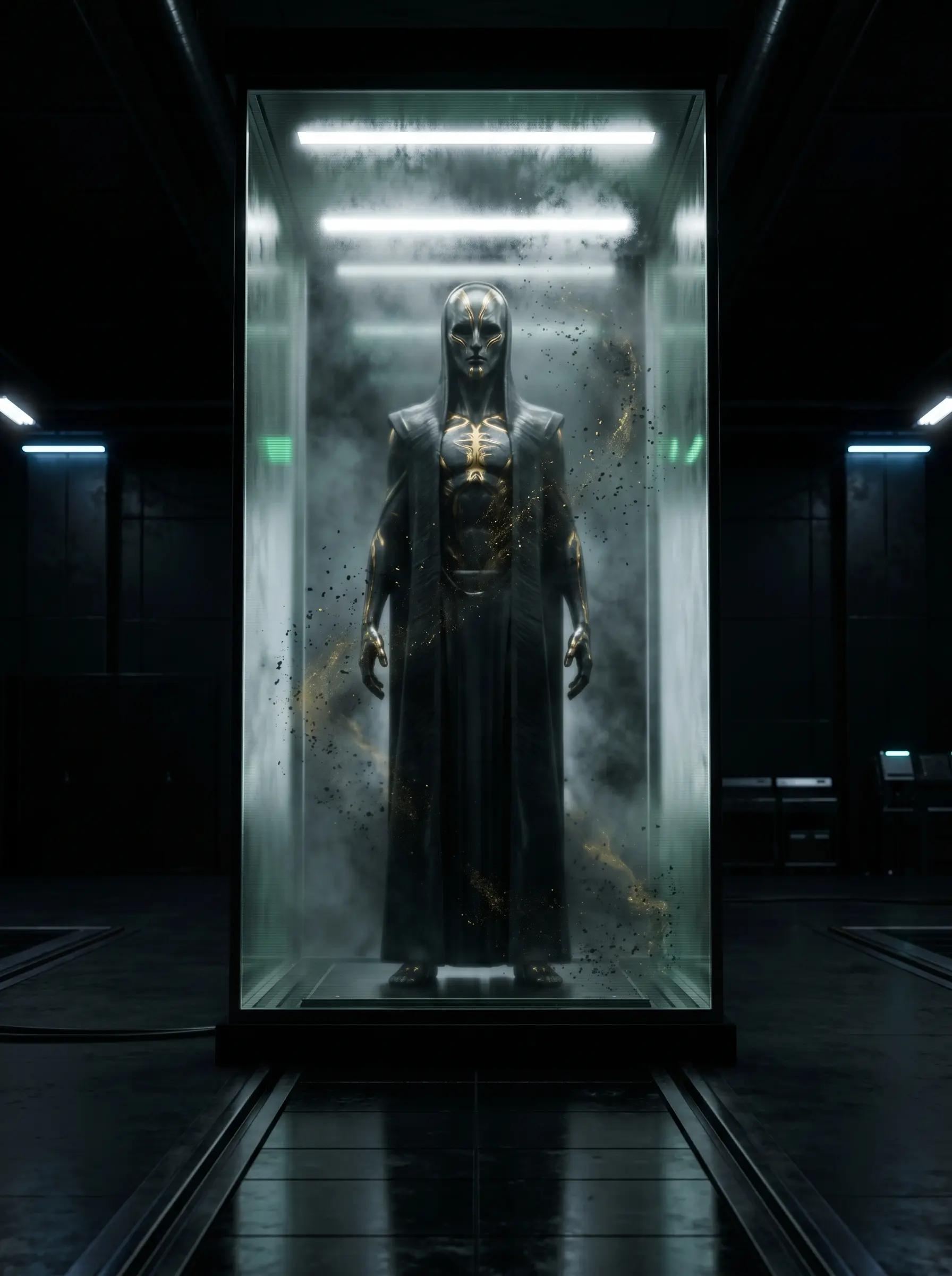 A regal robed figure in a stone chamber.