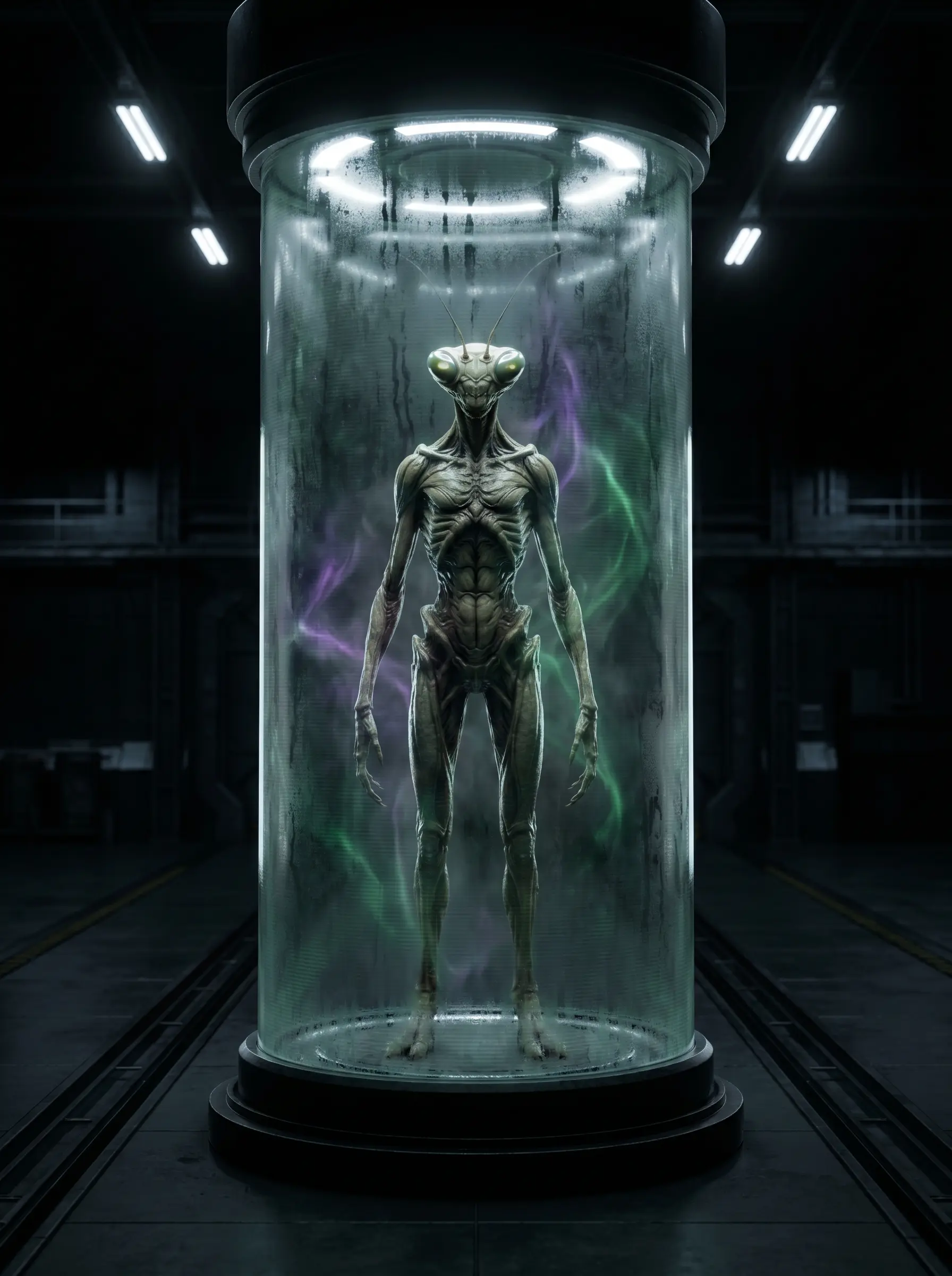 A tall insectoid mantis-like figure in green light.