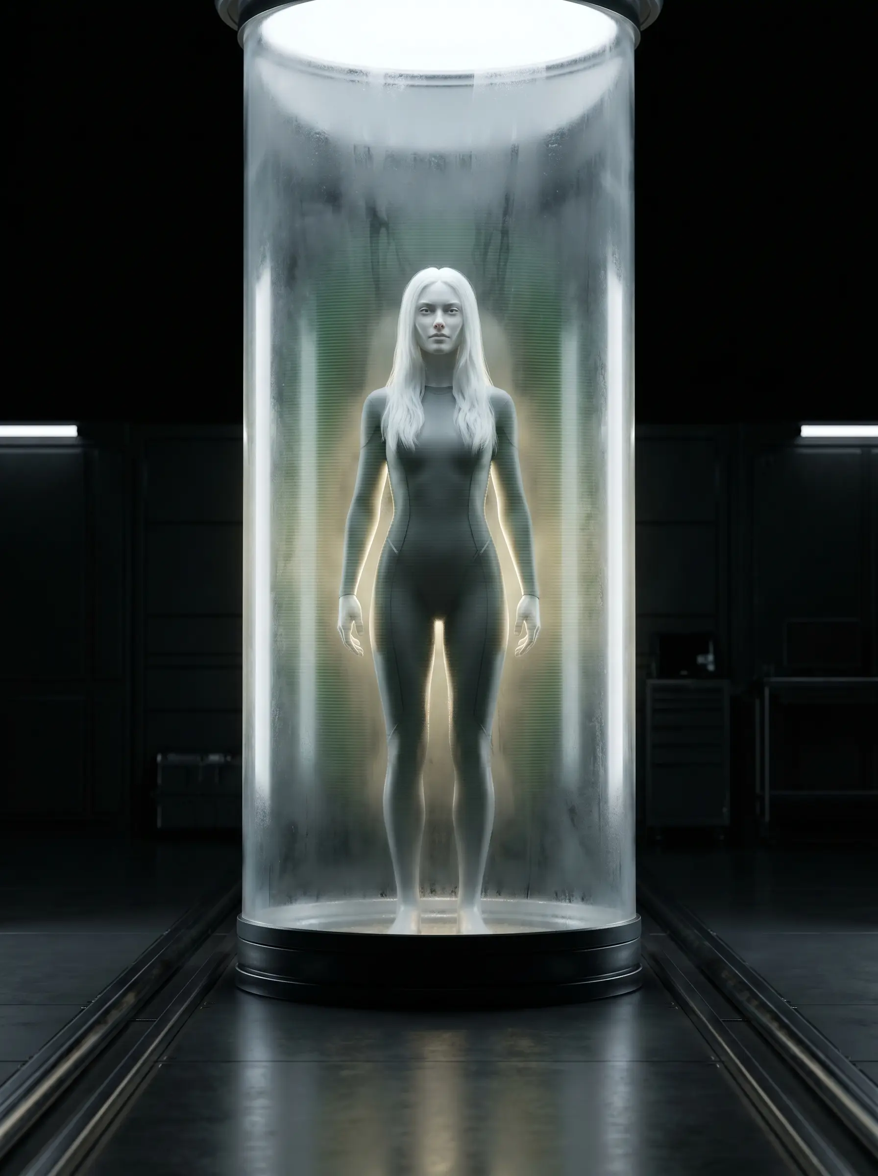 A tall pale humanoid with long light hair in a containment chamber.
