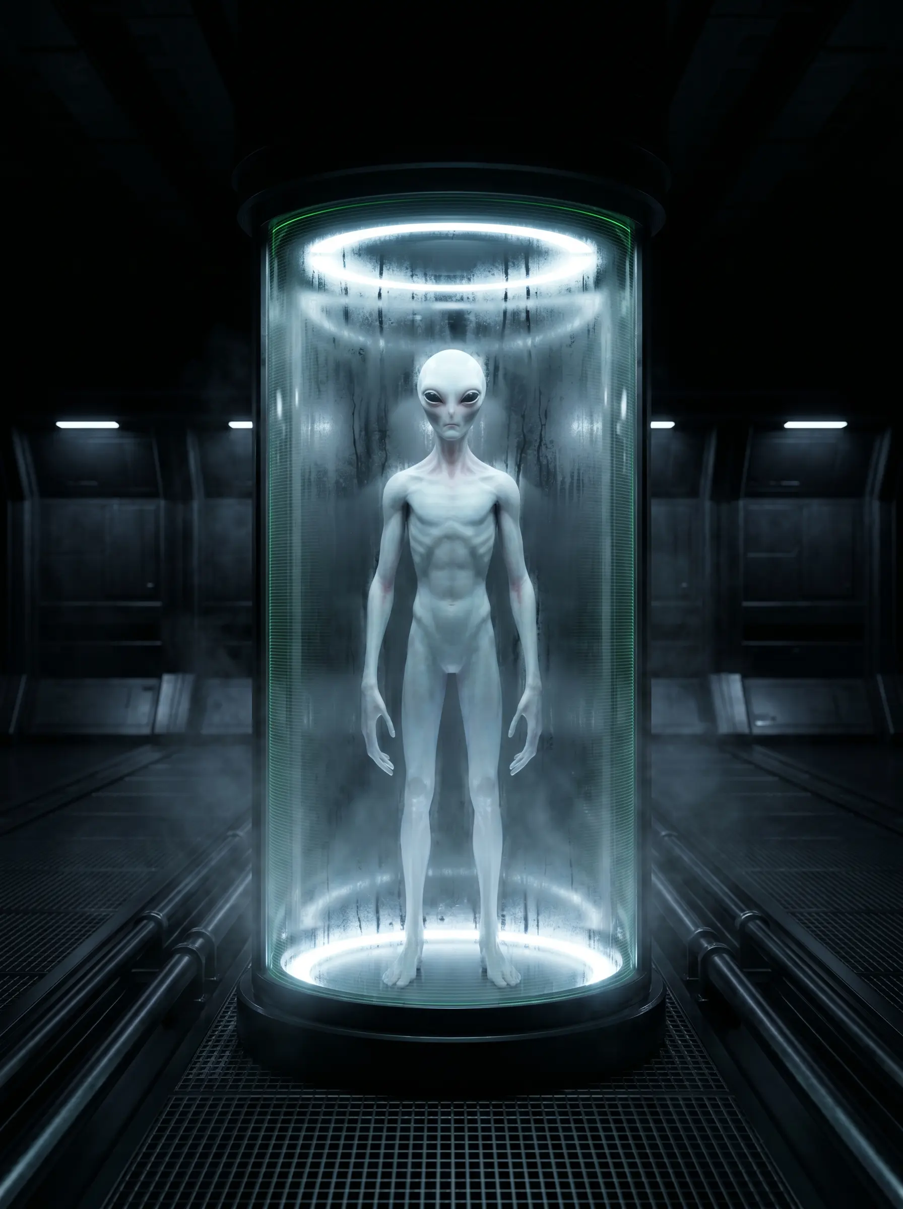 A very tall pale white figure standing in cold light.