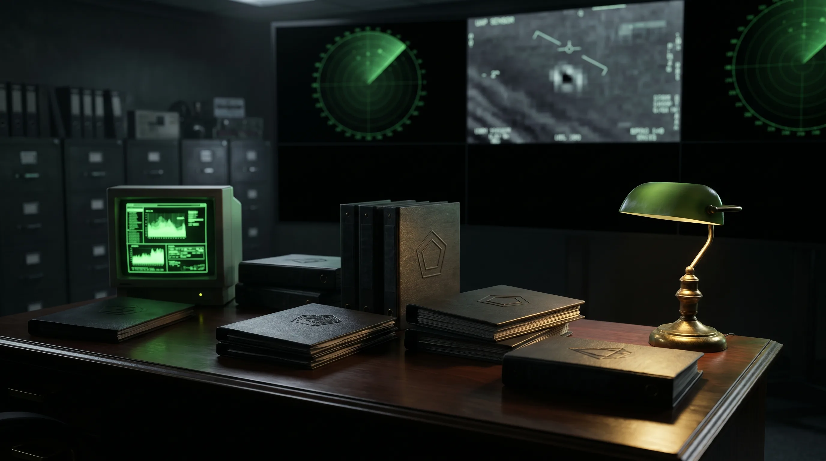 Government UAP briefing room with radar and redacted files