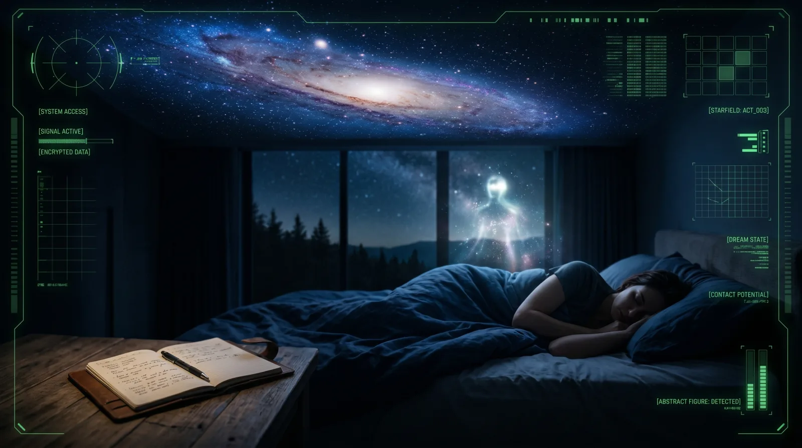 Dreamlike starfield reflected across bedroom ceiling