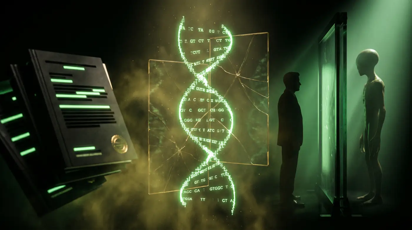 Abstract genetics dossier and separated human and unknown silhouettes