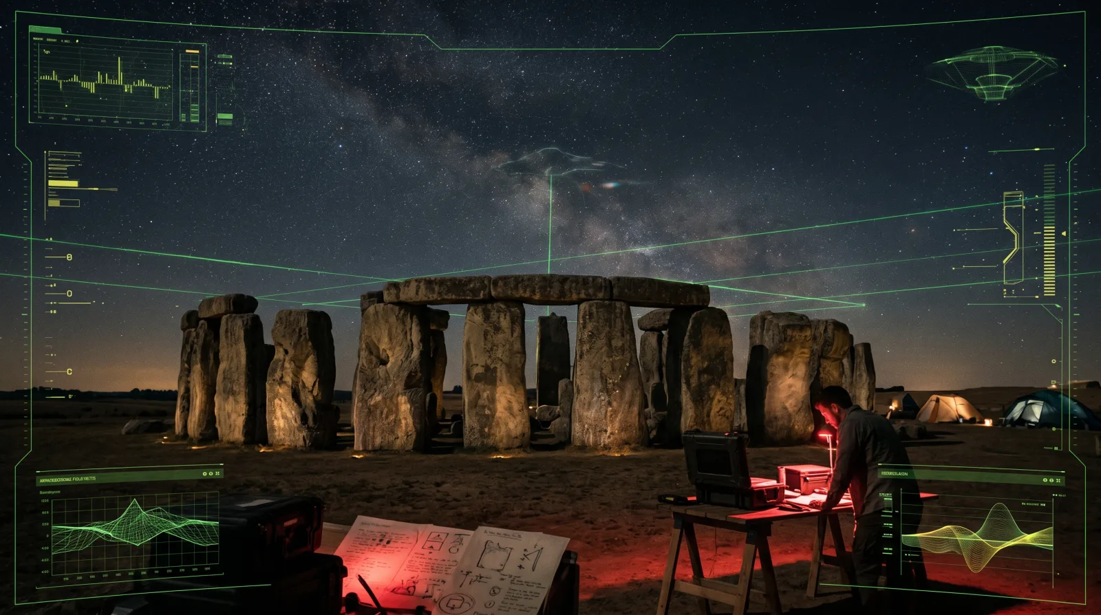 Ancient monument under stars with subtle anomalous craft silhouette