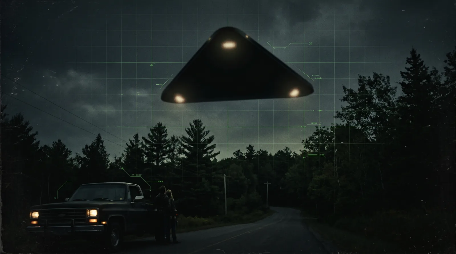 Massive black triangle UFO silhouette over treetops