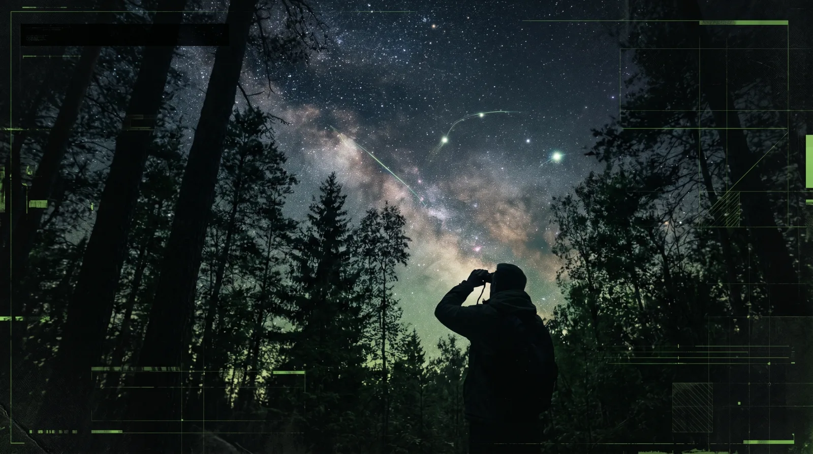 Dark forest blended with starfield and hidden signal beams