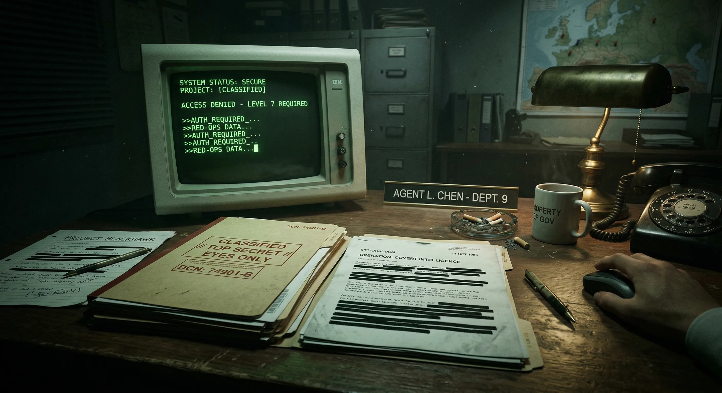 Classified documents on a dark desk