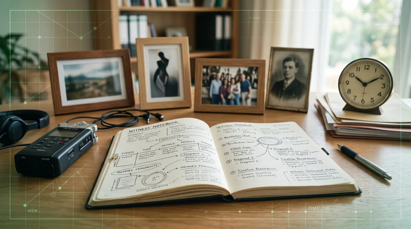 Witness memory notebook with timeline and photo fragments