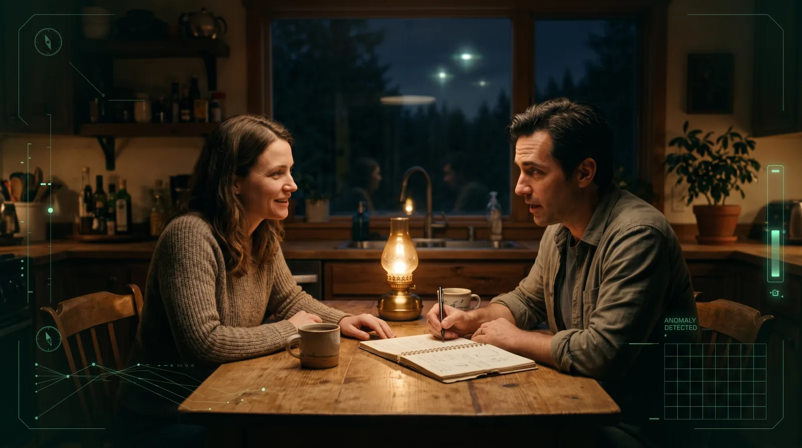 Supportive kitchen-table conversation after a UFO encounter