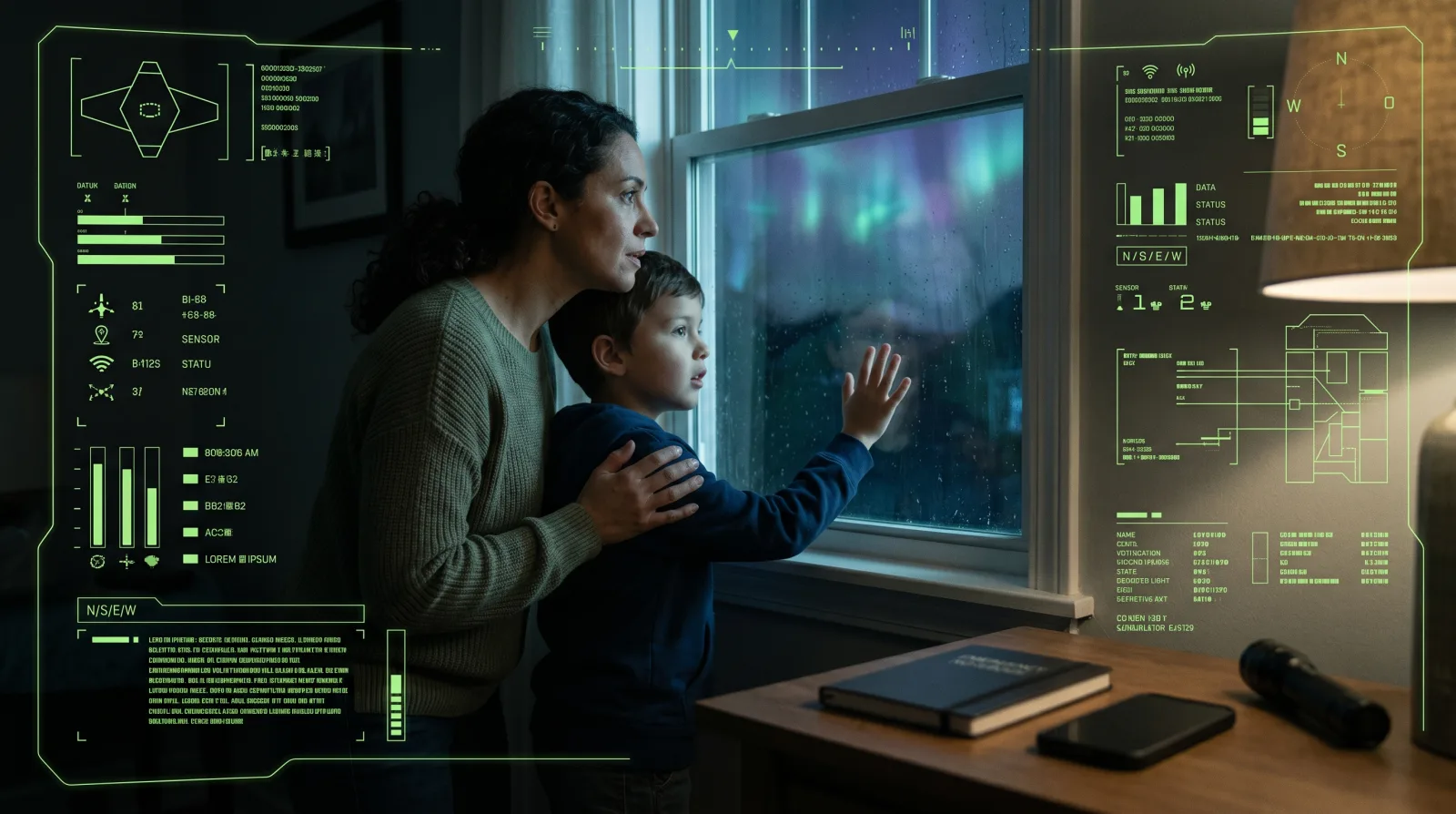 Family inside a dark house watching strange sky lights