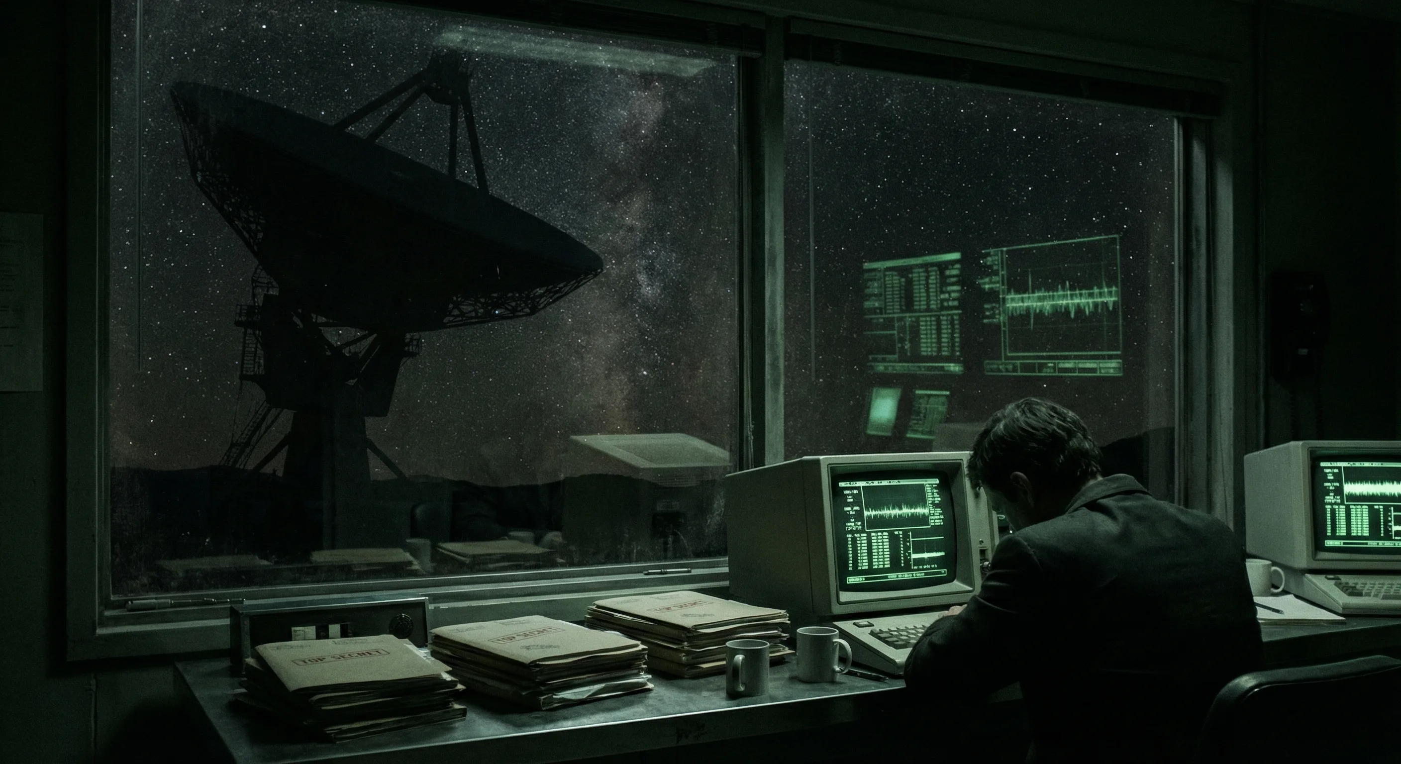 Observatory terminal with green signal glow