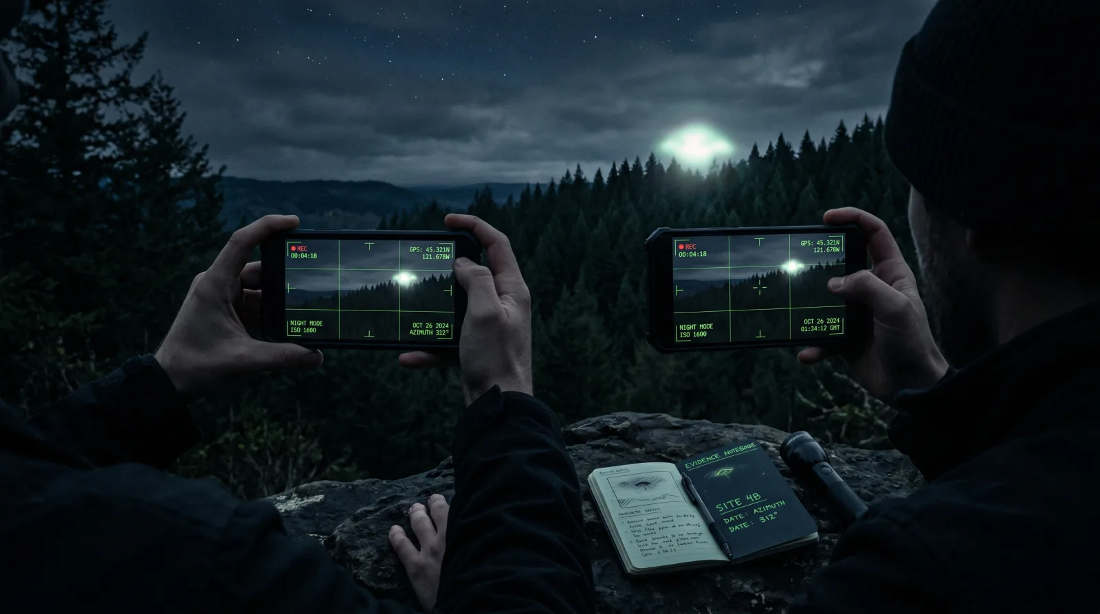 Smartphone filming a strange night light with field evidence notes