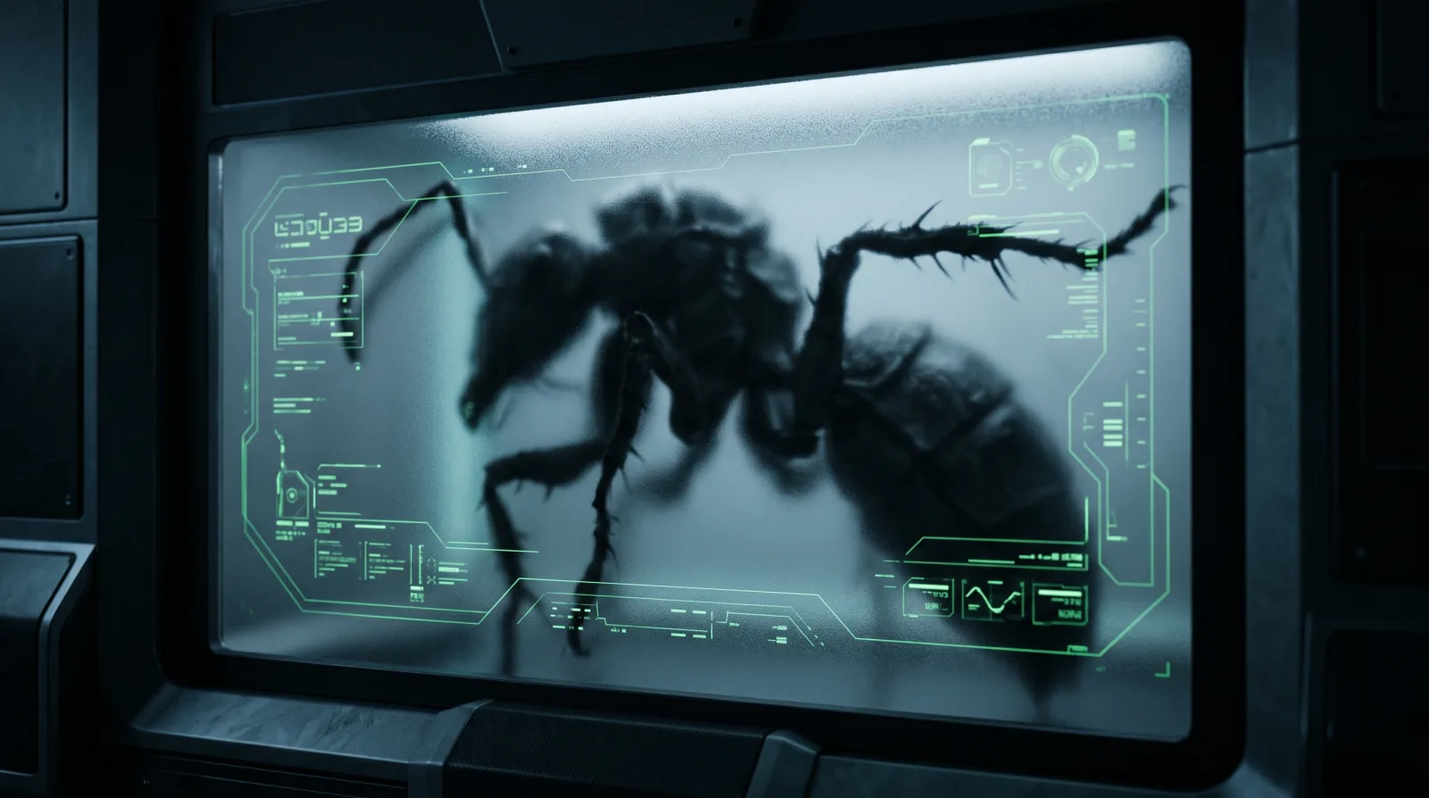 Abstract insectoid silhouette behind frosted glass
