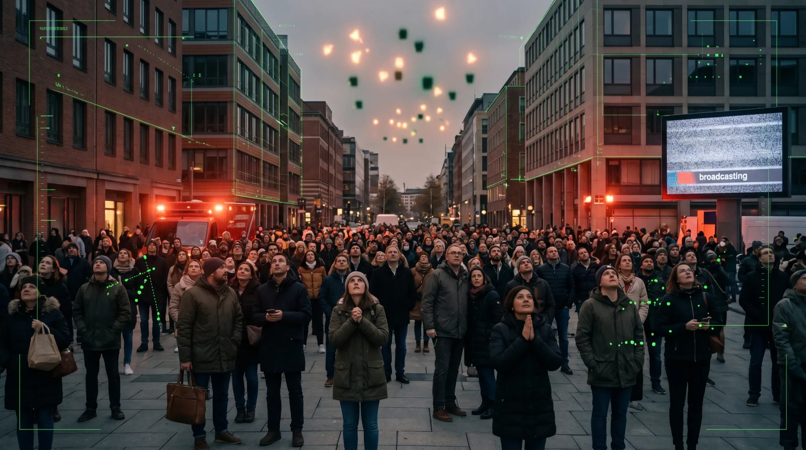 City crowd calmly observing strange lights during a first contact event