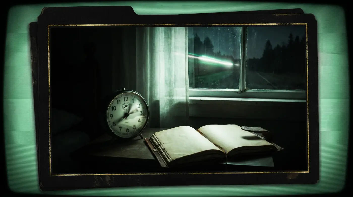 Analog clock and field notebook after a missing time experience