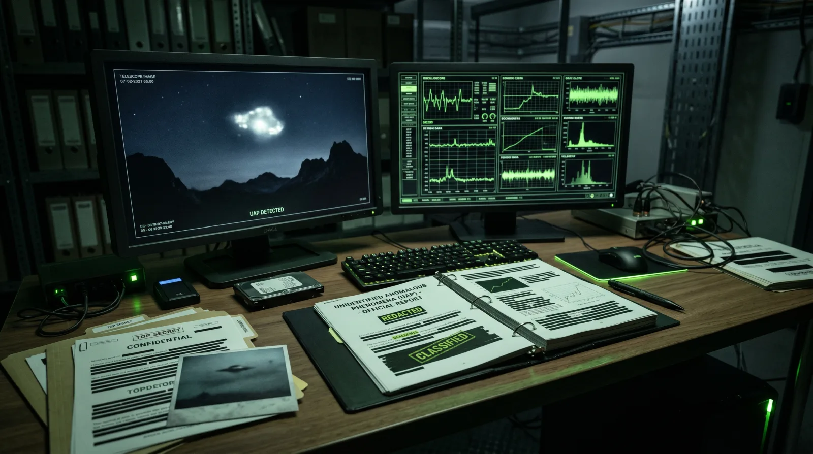 NASA UAP research desk with sensor data and report pages