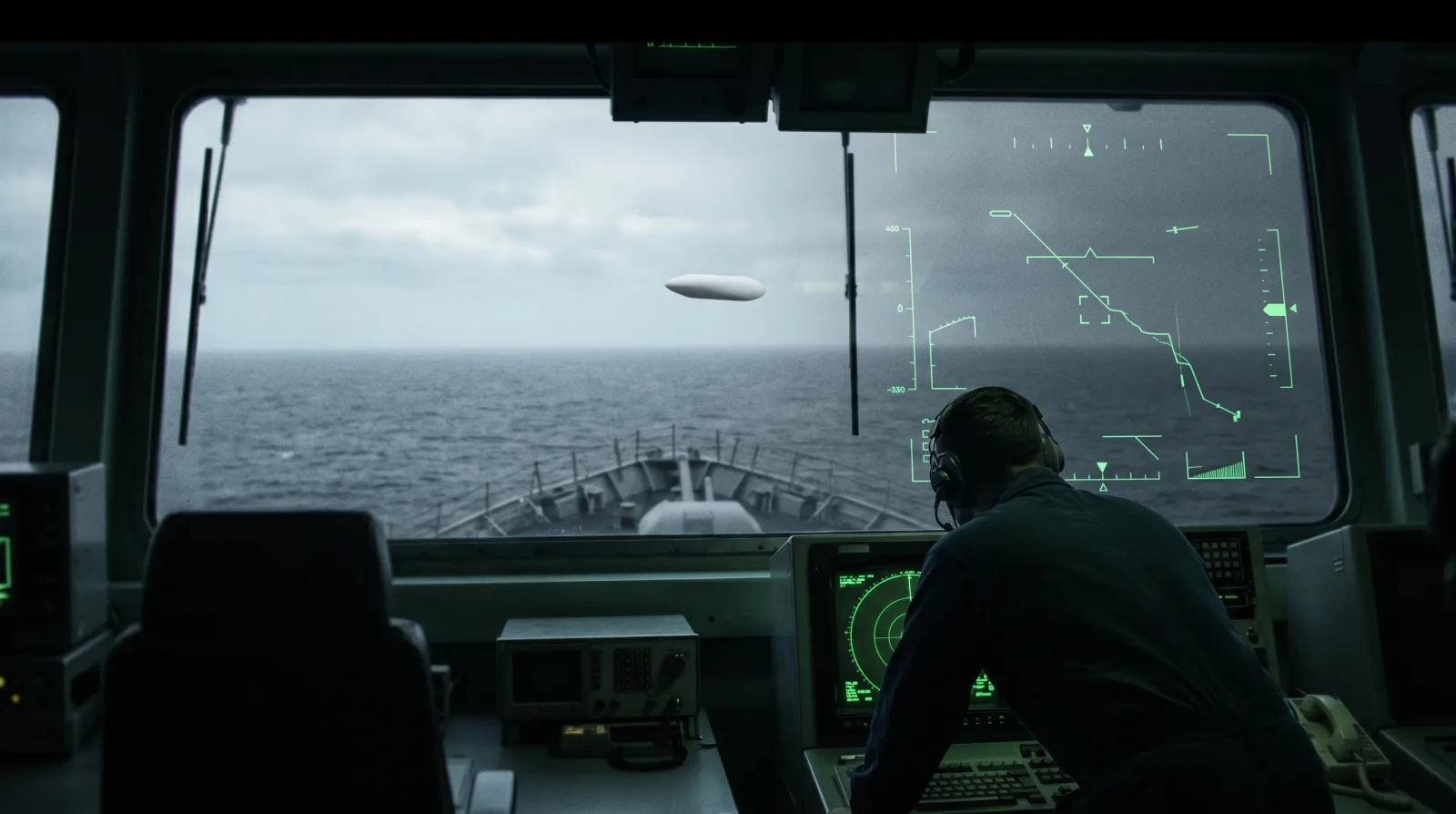 Naval radar room and ocean horizon with Tic Tac UAP motif