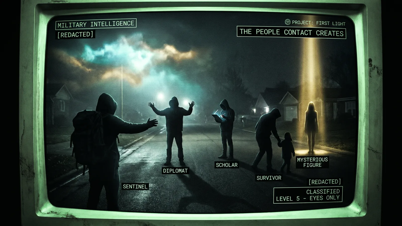 Five civilians reacting differently during a first contact event