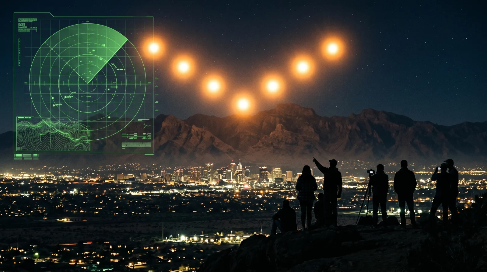 V-shaped lights over desert city skyline
