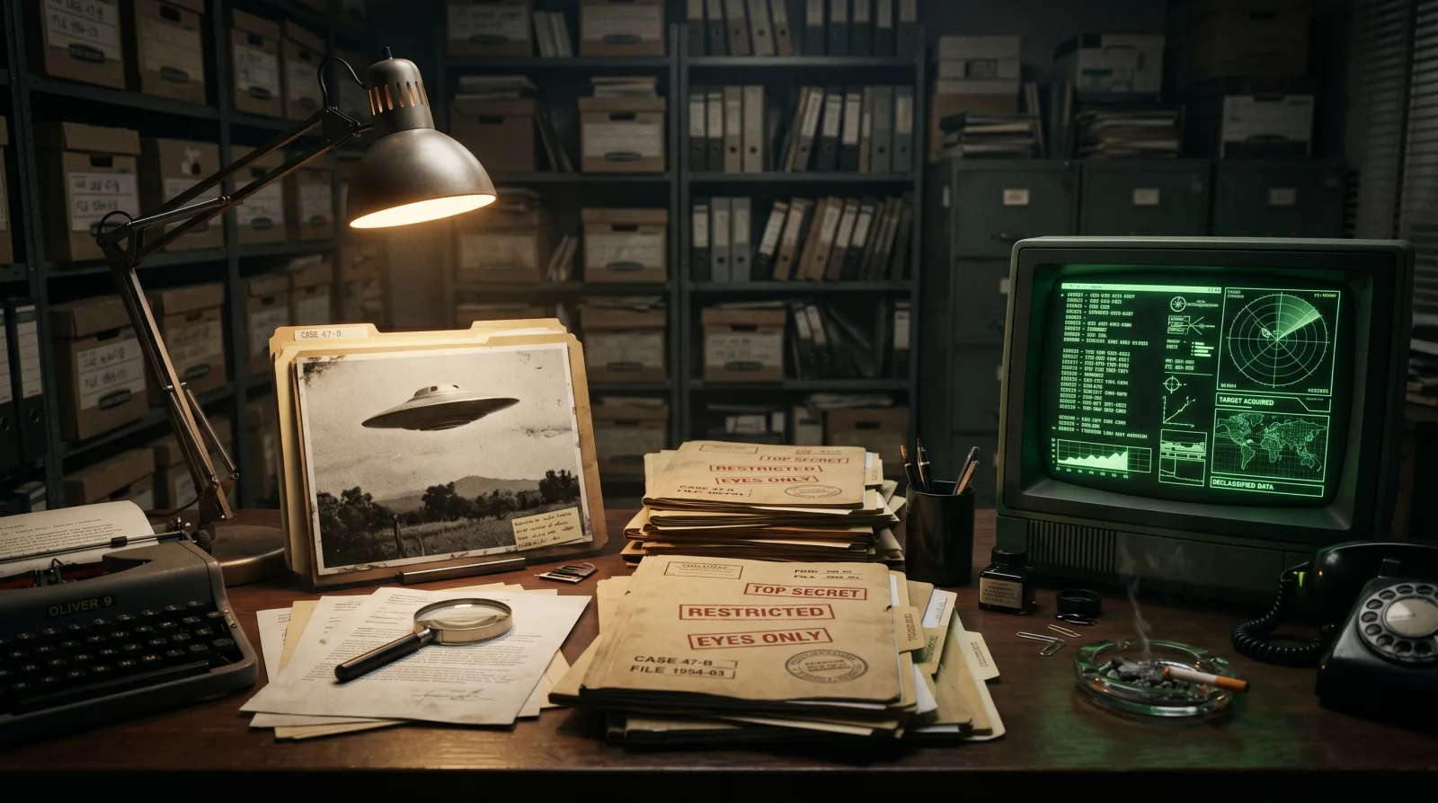 Retro government UFO case file archive with saucer photograph