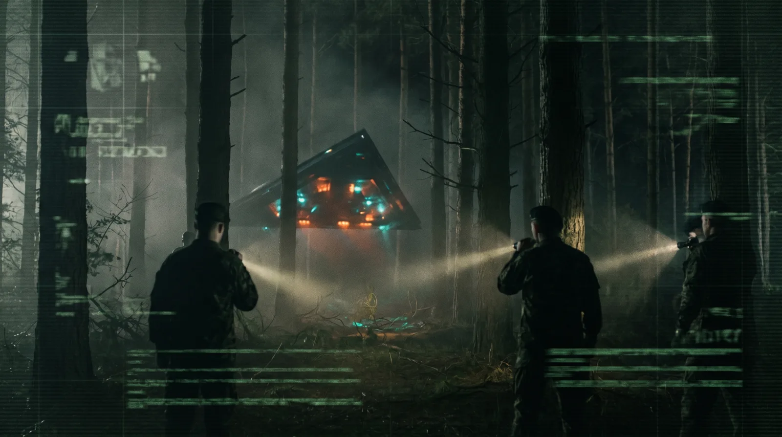 Foggy forest UFO incident scene with military flashlight beams