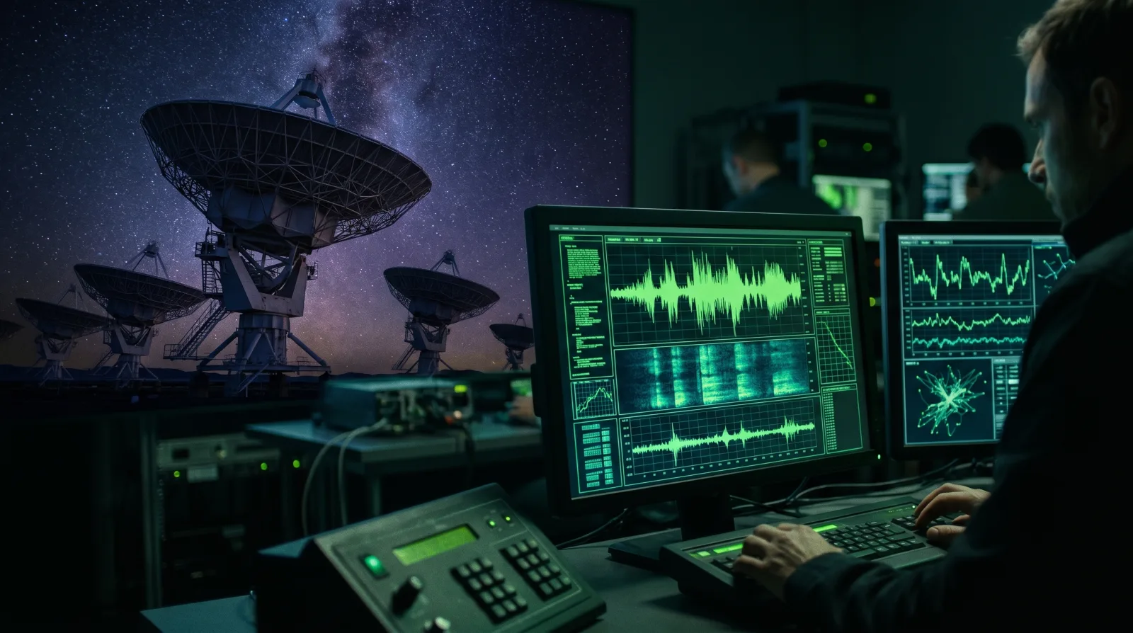 Radio telescope array receiving a possible contact signal