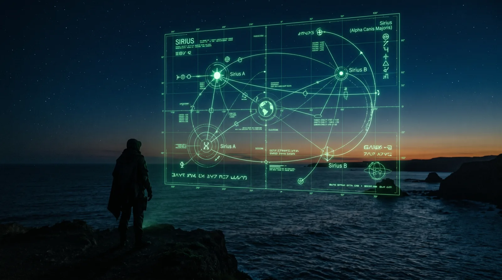 Sirius star system lore dossier over dark ocean horizon