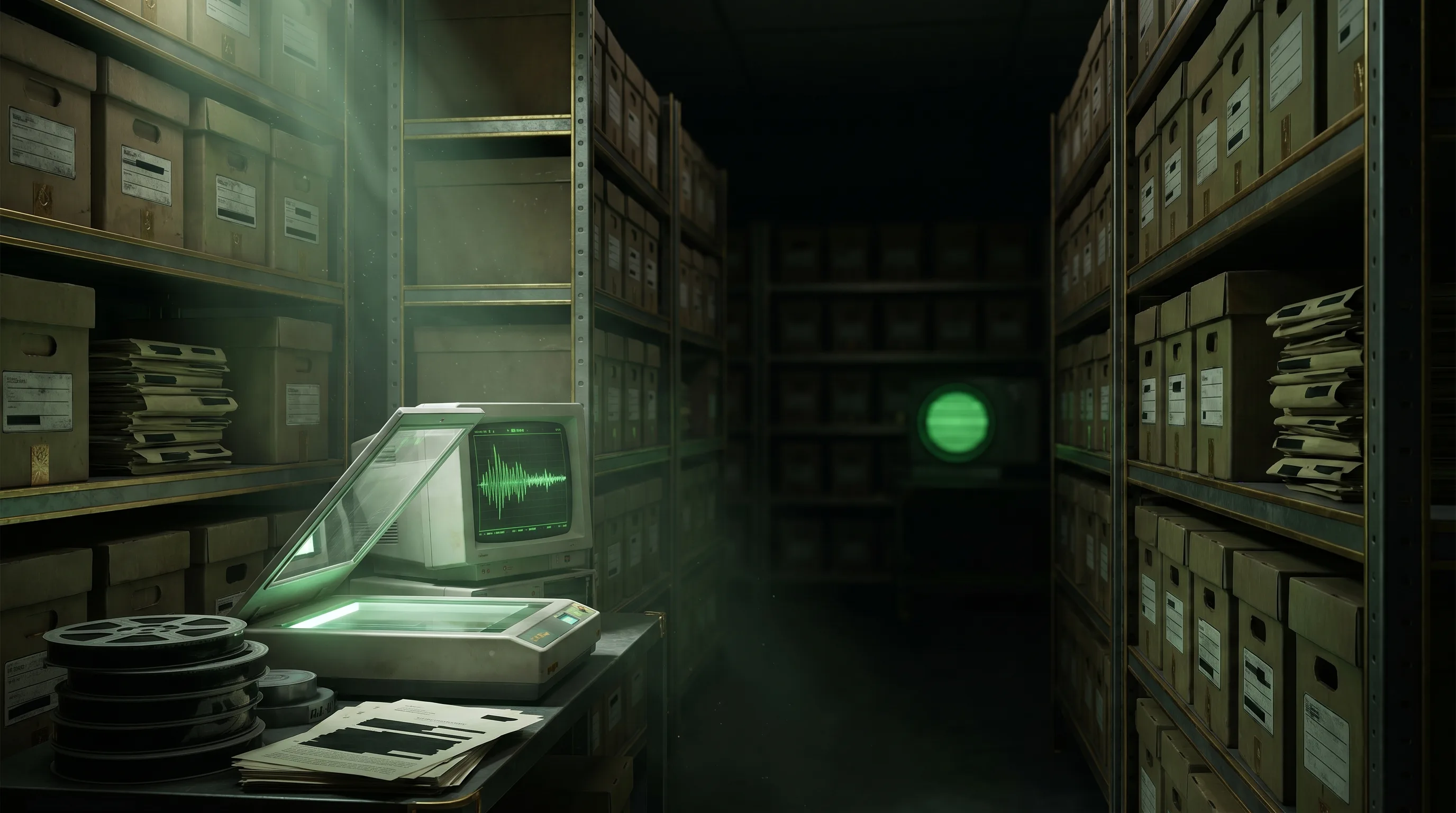Archive shelves with UAP records and scanner light