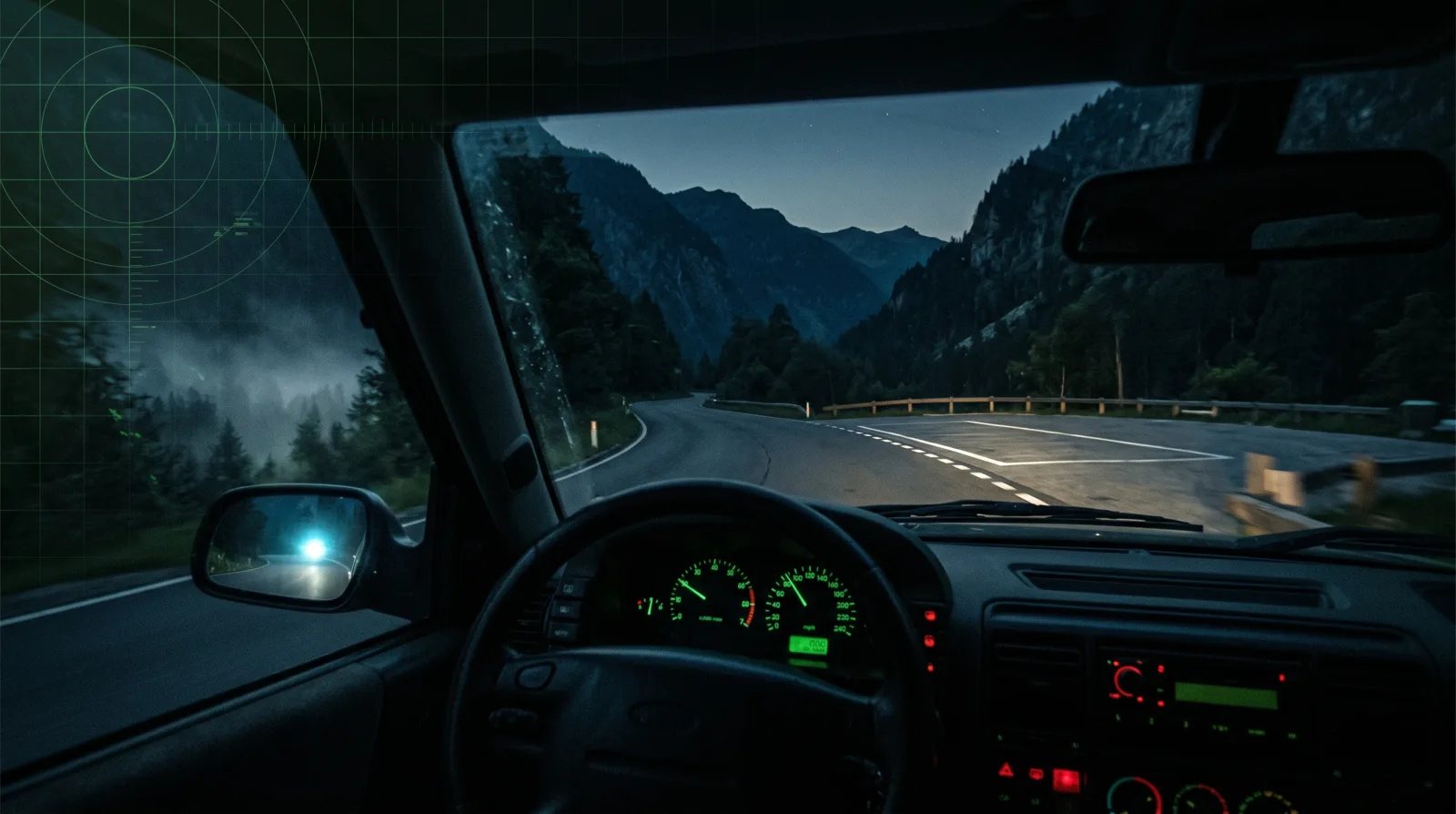 Car on a dark road with a distant strange light behind it