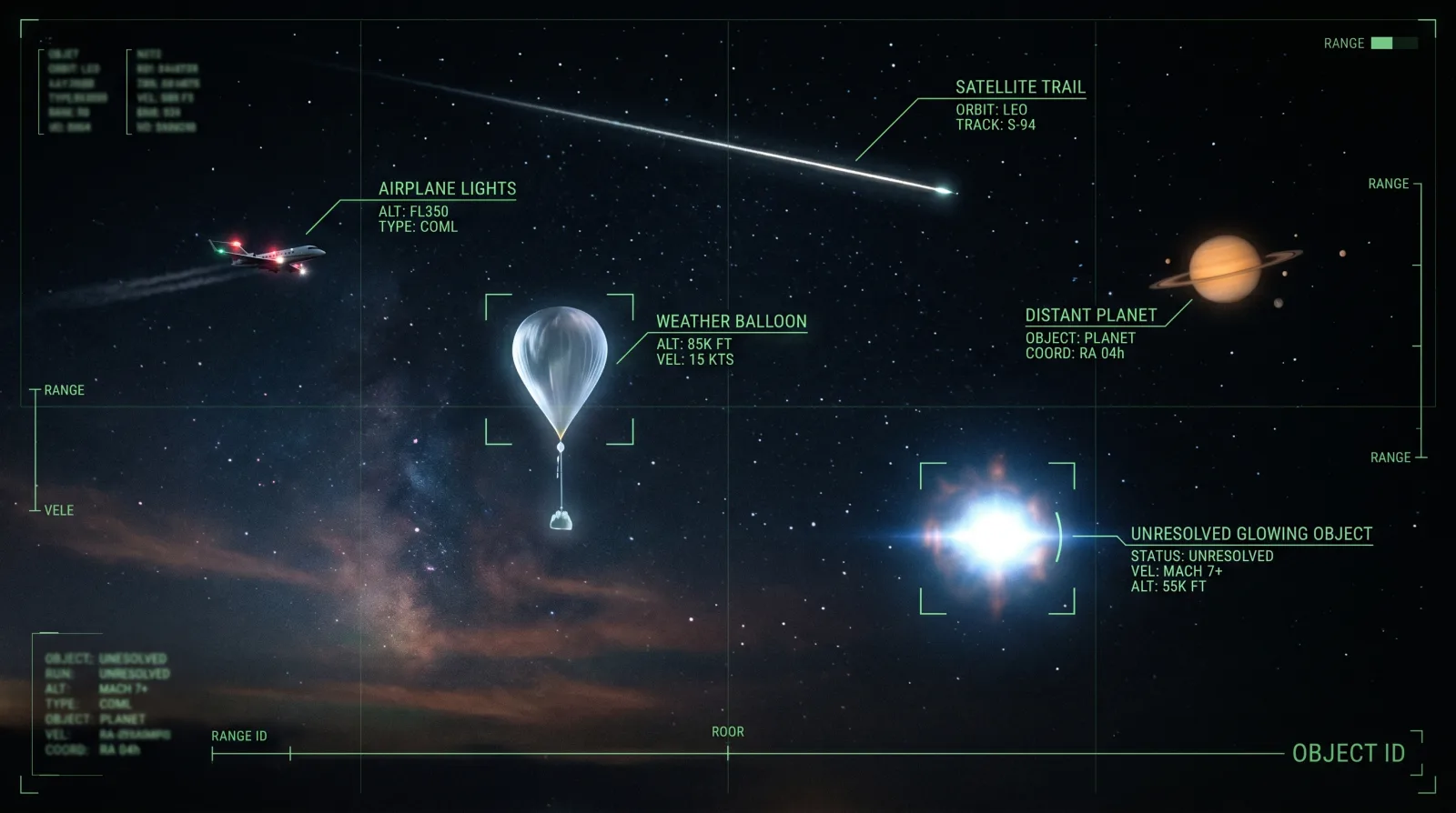 Night-sky identification board with aircraft satellites balloons and unknown object